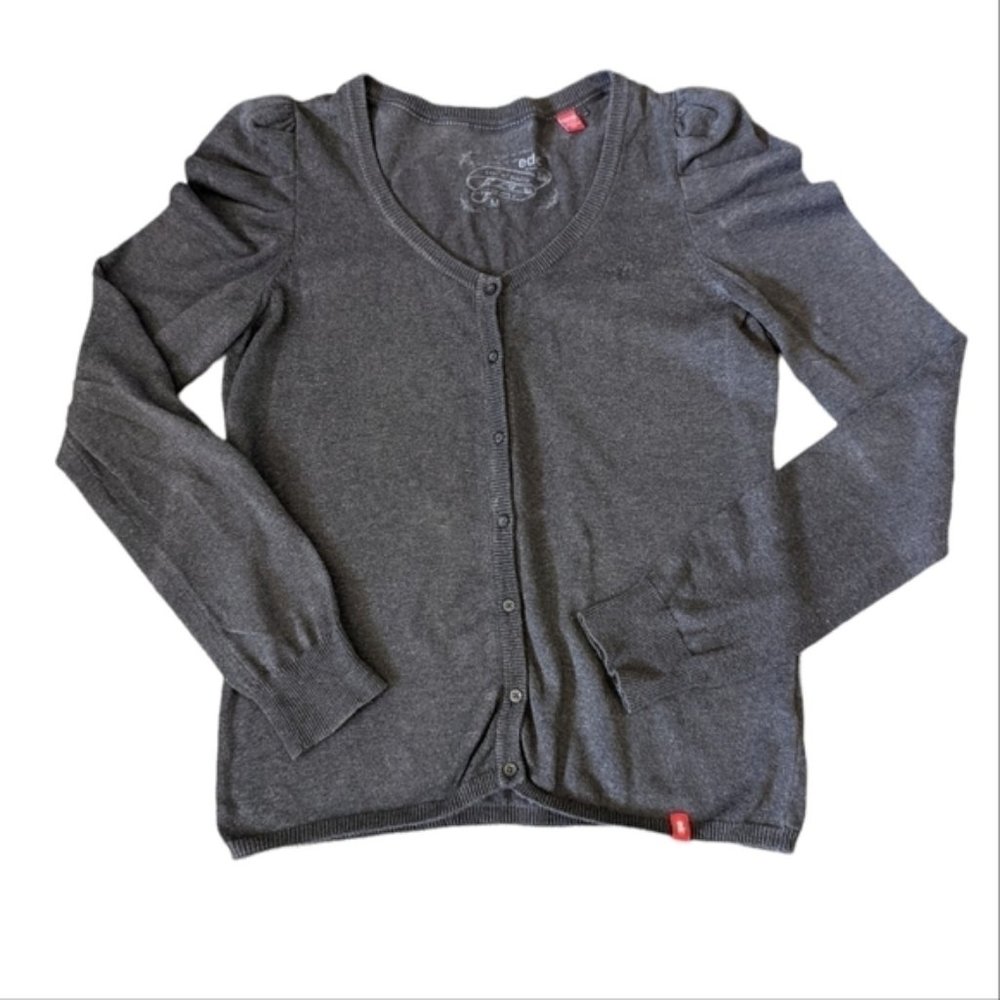 Woman's edc Gray Long Sleeve Button Cardigan W/ Puff Sleeves-Size Medium